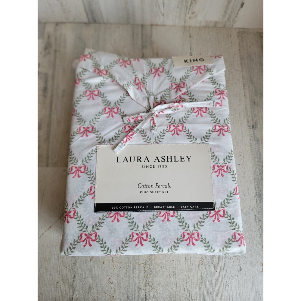 Laura Ashley‎ NEW bow trellis King bedsheet 3pc Xmas home decor holiday
